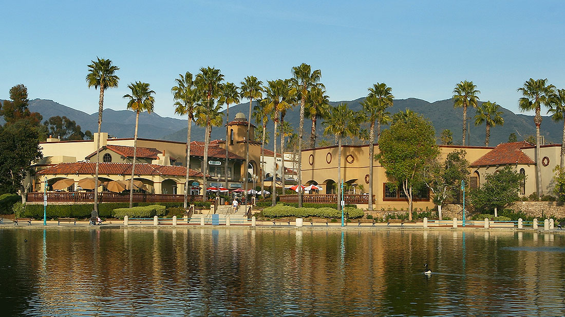 View of the waterfront at Mercado del Lago shopping center C-Store Fuel Station in Orange County