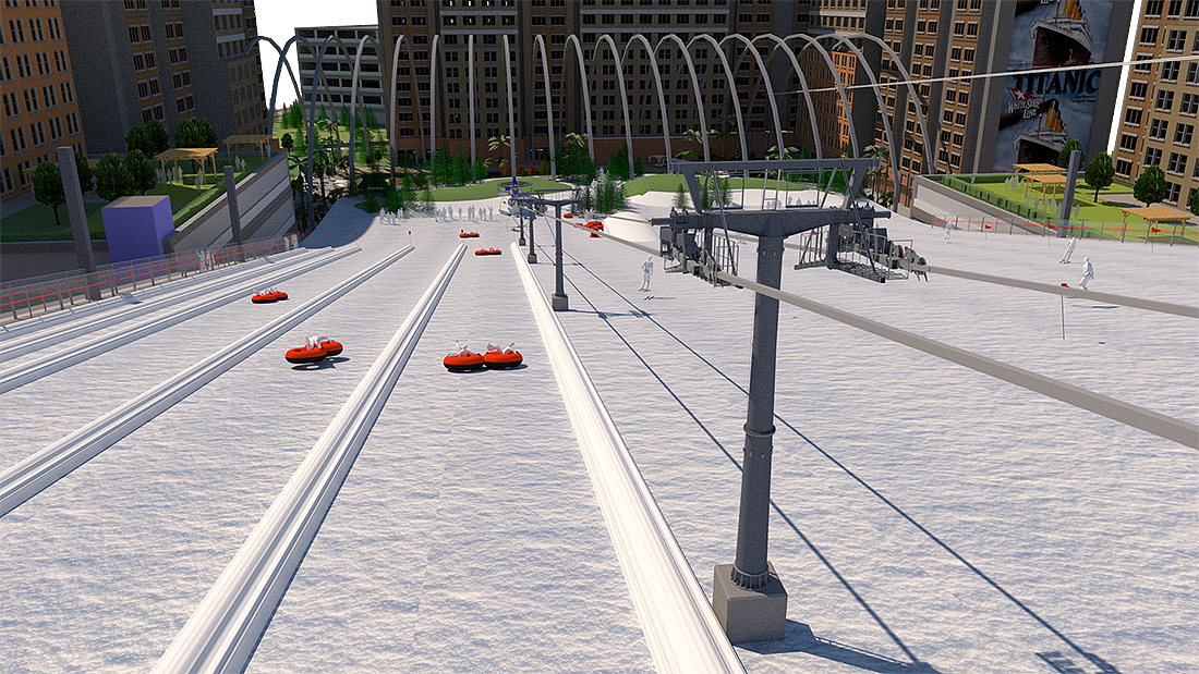 Artificial downhill ski and snow tubing slope